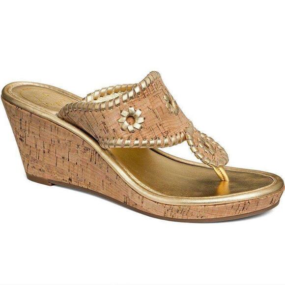 Jack Rogers Marbella Wedge Sandal in Cork and Gold 8 - Picture 1 of 7